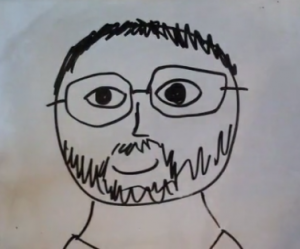 Portrait of Peter Gordon drawn by his daughter and screenshotted from his Kickstarter video without permission. (It's a cute video!)
